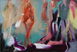 Elegante figurative Abstraktion in Öl von Klaus Dobrunz aus der Serie Lange Tage. Eine langgezogene Silhouette im roten Kleid dominiert die linke Bildhälfte vor einem fließenden Hintergrund in Türkis und Dunkelviolett.