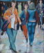 Zeitgenössisches Ölbild aus der Serie Lange Tage von Klaus Dobrunz. Das Werk fokussiert frontal herannahende und abgewandte Passanten in klassischer Jeanskleidung und einer markanten ockergelben Jacke.