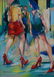 Figürliches Ölgemälde von Klaus Dobrunz aus der Serie Lange Tage. Im Vordergrund stehen die eleganten Beine und leuchtend roten High Heels zweier flanierender Frauen, umgeben von expressiven Farben in Gelb, Rot und Blau.