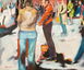 Zeitgenössisches Ölbild von Klaus Dobrunz aus der Serie Lange Tage. Im Vordergrund einer belebten, hell erleuchteten Straßenszene stehen eine Frau in Jeans und ein Mann in einer markanten orange-roten Jacke im Fokus des urbanen Geschehens.