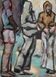 Zeitgenössisches Ölbild aus der Serie Lange Tage von Klaus Dobrunz. Drei abstrahierte Figuren in Kapuzenpullovern stehen in dichter Interaktion nebeneinander, gemalt mit markanten Konturen auf einem hellen, türkisfarbenen Grund.