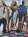 Expressive figurative Abstraktion in Öl von Klaus Dobrunz aus der Serie Lange Tage. Drei eng aneinandergereihte Silhouetten, akzentuiert durch ein kräftiges Kobaltblau und warmes Ocker, stehen vor einem lichten, weißen Grund.