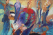 Farbintensives, expressives Ölgemälde von Klaus Dobrunz aus der Serie Lange Tage. Eine Figurengruppe verschmilzt in kraftvoller Pinselführung aus leuchtendem Rot, tiefem Ultramarinblau und warmen Gelbnuancen.