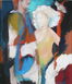 Expressionistisches Ölgemälde von Dobrunz mit einer blonden Frau im Profil als zentrales Element. Flankiert von zwei dunkleren Männergestalten, sorgt ein leuchtend türkisfarbener Hintergrund im oberen Bereich für einen starken Akzent.