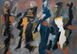 Expressive figurative Abstraktion in Öl von Klaus Dobrunz. Das Werk aus der Serie Lange Tage zeigt eine rhythmische Reihung stilisierter Personenkonturen vor einem matten, graubraunen Hintergrund mit ockerfarbenen Akzenten.