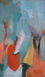 Expressives Ölgemälde aus der Serie Lange Tage von Klaus Dobrunz. Schemenhafte Figuren bewegen sich durch einen lichten, hellblauen Farbraum, der im Vordergrund durch eine markante, orangerote Farbfläche aufgebrochen wird.