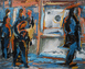 Stimmungsreiches Ölbild von Klaus Dobrunz aus der Serie Lange Tage. Das Werk zeigt Figuren vor einem hell erleuchteten Schaufenster oder Galeriebild in einer dichten, vorwiegend blau-orangefarbenen Farbstimmung.