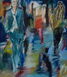Expressives Ölgemälde aus der Serie Lange Tage von Klaus Dobrunz. Zwei modische Figuren flanieren über einen nass glänzenden, spiegelnden Asphalt, umgeben von einer atmosphärischen, blau-türkisen Farbstimmung im urbanen Raum.