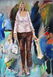 Zeitgenössisches Porträt in Öl von Klaus Dobrunz. Das Werk aus der Serie Lange Tage zeigt eine blonde Frau mit Einkaufstaschen im urbanen Raum vor einem kontrastreichen Hintergrund aus tiefen Blautönen.