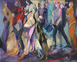 Expressives Figurenbild aus der Serie Lange Tage von Klaus Dobrunz. Das Gemälde zeigt eine geschäftige Gruppe von Passanten, akzentuiert durch eine markante blaue Tasche und kontrastierende rosa und violette Kleidungsstücke.