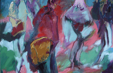 Zeitgenössisches Ölbild von Klaus Dobrunz aus der Serie Lange Tage. Im Zentrum steht eine abstrahierte Person mit einer markanten gelben Tasche, umgeben von flanierenden Gestalten in einer kühlen blau-türkisen Farbstimmung mit roten Kontrasten.
