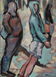 Expressive figürliche Malerei von Klaus Dobrunz aus der Serie Lange Tage. Das Gemälde fokussiert zwei dynamisch geneigte Gestalten im Profil – eine davon in einer hellblauen Kapuzenjacke – vor einem flüchtig angedeuteten Stadthintergrund.