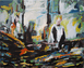 Expressives Ölgemälde von Klaus Dobrunz aus der Serie Lange Tage. Das Werk zeigt zwei abstrahierte Figuren mit goldenen Kronen inmitten einer dynamischen, pastosen Farblandschaft aus Grün, Gelb und Schwarz.