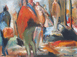 Expressive figurative Malerei aus der Serie Lange Tage von Klaus Dobrunz. Eine markante Silhouette im roten Mantel dominiert dynamisch die linke Bildhälfte inmitten einer flüchtig skizzierten Fußgängerzone in warmen Erdtönen.