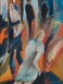 Expressive figürliche Komposition in Öl von Klaus Dobrunz aus der Serie Lange Tage. Eine hell gekleidete Figur im Vordergrund wird von dynamischen Farbräumen in Orange, Ocker und tiefem Blau umschlossen.