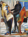 Atmosphärische figurative Malerei von Klaus Dobrunz aus der Serie Lange Tage. Drei Passanten interagieren in einer flüchtigen Bewegung, hervorgehoben durch eine cremefarbene Jacke und einen leuchtend orangen Mantel.