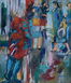 Figürliche Komposition aus der Serie Lange Tage von Klaus Dobrunz. Das Ölbild zeigt eine lebhafte Straßenszene, dominiert von einer Rückenansicht im roten Mantel im Vordergrund und blau gekleideten Passanten auf spiegelndem Grund.